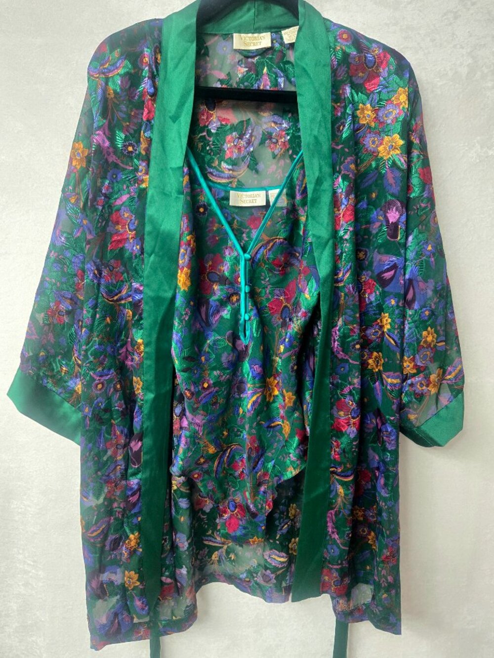 VTG Victoria's Secret Gold Label Green Floral Sheer Chiffon Robe Teddy Set M OS